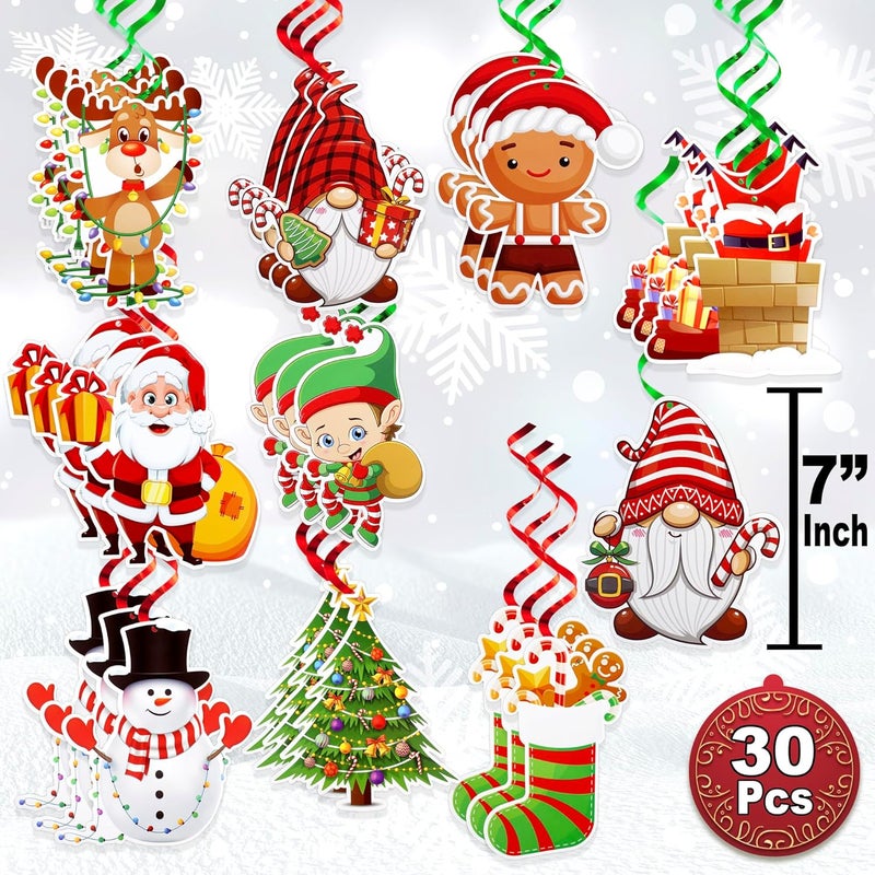 BASHOUT Hanging Christmas Decorations with Foil Swirls | 30 Pcs Holiday Set | Xmas Santa, Snowman, Gingerbread, Reindeer, Gnomes Christmas Designs | Home, Office, School Christmas Party Decorations | - Image 3